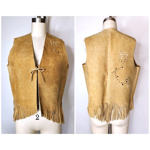 Leather FRINGES Perforates Floral Leather Vest Southwestern Western Unisex S M - Picture 1 of 10